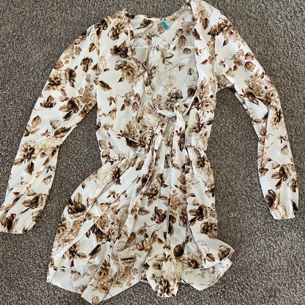Floral Print Long-Sleeve Romper with Low Neckline